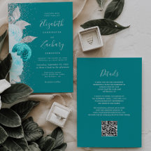 Boda Código QR Brillo Plateado Turquesa Floral