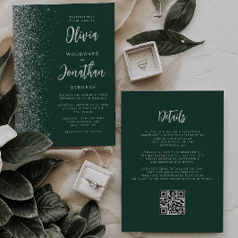 Invitación Boda Código QR Brillo Plateado Verde Esmeralda