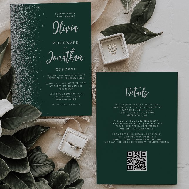 Invitación Boda Código QR Brillo Plateado Verde Esmeralda (Subido por el creador)
