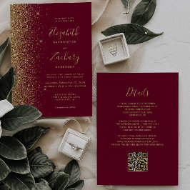 Invitación Boda Código QR Brillo Rojo Borgoña Dorado