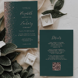 Invitación Boda Código QR Brillo Rosa Dorado Verde Oscuro