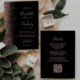 Invitación Boda Código QR Brillo Rosa Negro Moderno Dorado