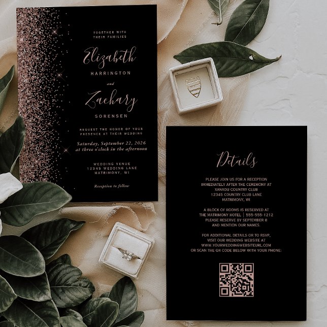 Invitación Boda Código QR Brillo Rosa Negro Moderno Dorado (Subido por el creador)