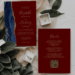 Invitación Boda Código QR Burgundy Agata Dorada Azul Marino
