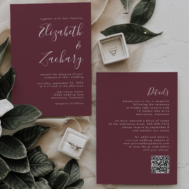 Invitación Boda Código QR Burgundy Escritura Moderna (Subido por el creador)