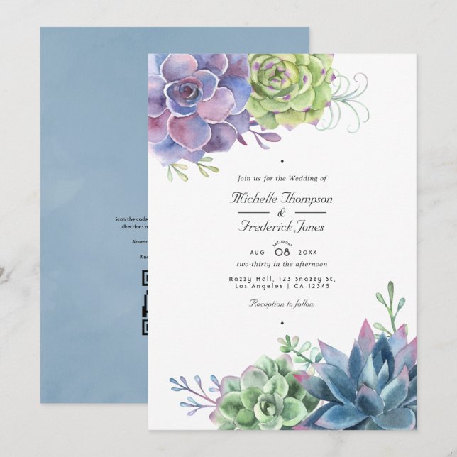 Invitación Boda Código QR Cactus Suculentas Acuarela (Anverso / Reverso)