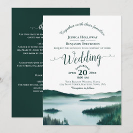 Invitación Boda Código QR Caligrafía Elegante Lago de Montaña