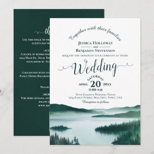 Invitación Boda Código QR Caligrafía Elegante Lago de Montaña