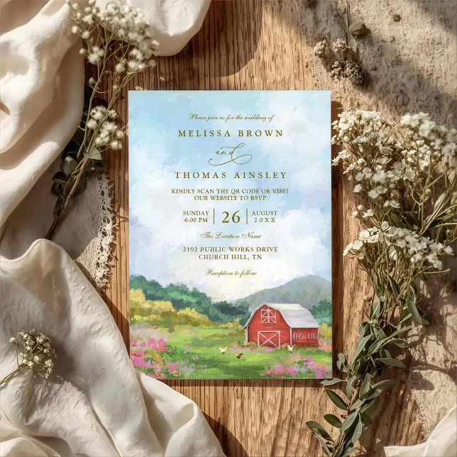 Invitación Boda Código QR Campo Rústico Barn Occidental (Subido por el creador)