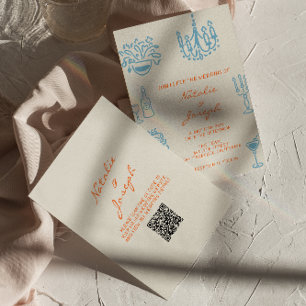 Invitación Boda Código QR Caprichoso Dibujado a Mano Naranja 