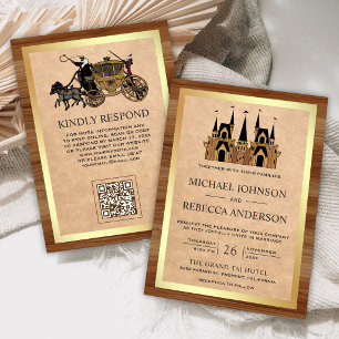 Invitación Boda Código QR Castillo de Kraft Wood Cuento de Ha