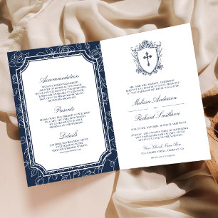 Invitación Boda Código QR Católica Azul Marina Victoriana