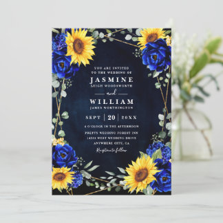 Invitación Boda Código QR Chic Girasoles Rústicos Azul Real