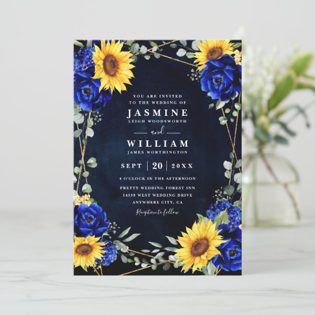 Invitación Boda Código QR Chic Girasoles Rústicos Azul Real (Anverso de pie)