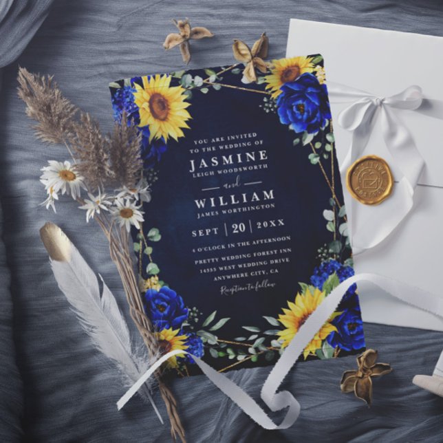 Invitación Boda Código QR Chic Girasoles Rústicos Azul Real (Subido por el creador)