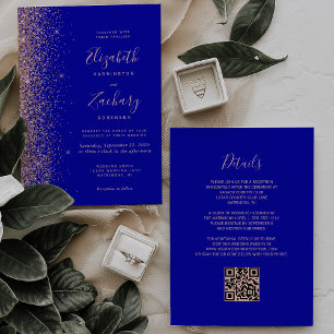 Invitación Boda Código QR con Brillo Azul Real y Rosa Dorada