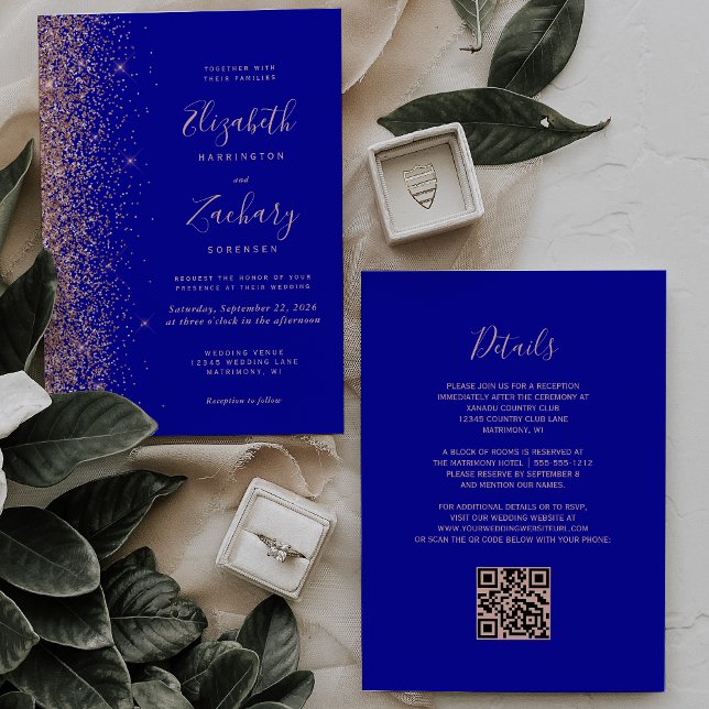 Invitación Boda Código QR con Brillo Azul Real y Rosa Dorada (Subido por el creador)