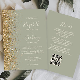 Invitación Boda Código QR con Brillo Dorado Verde Salvia