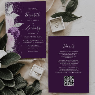 Invitación Boda Código QR con Brillo Plateado y Floral Púrpur