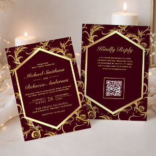 Invitación Boda Código QR con floritura de remolino de oro de