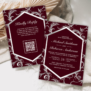 Invitación Boda Código QR con floritura plateada de Borgoña e