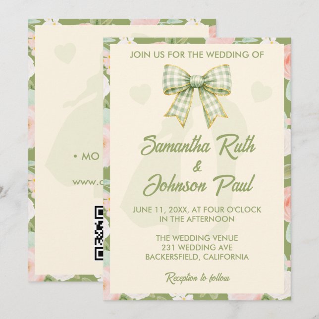 Invitación Boda Código QR con Lazo de Gingham Verde Wildflowe (Anverso / Reverso)