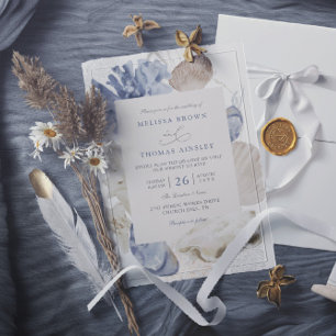 Invitación Boda código qr concha marina azul playa costera