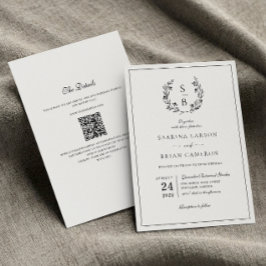 Invitación Boda Código QR Corona Botánica Monograma Elegante