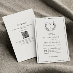 Invitación Boda Código QR Corona Botánica Monograma Elegante