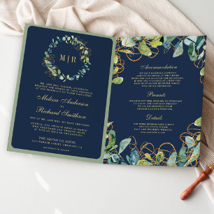Invitación Boda Código QR Corona de Eucalipto Dorado Azul Mar