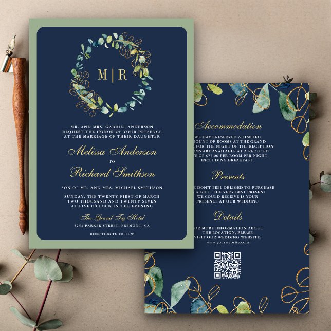 Invitación Boda Código QR Corona de Eucalipto Dorado Azul Mar (Subido por el creador)