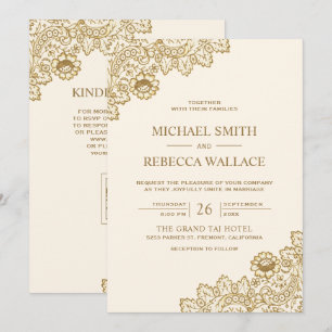 Invitación Boda Código QR Crema Marfil Encaje Dorado
