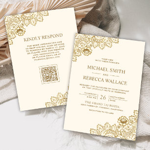 Invitación Boda Código QR Crema Marfil Encaje Dorado