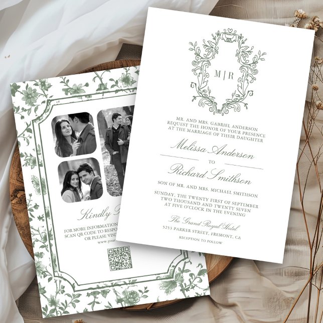 Invitación Boda Código QR Cresta Chinoiserie Verde Salvia Bla (Subido por el creador)