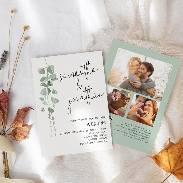 Invitación Boda código QR de 3 fotos de eucalipto moderno (front and back view)