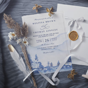 Invitación Boda Código QR de Acuarela de Montaña Azul Económi