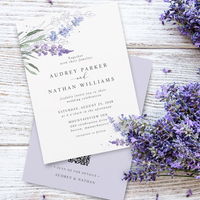 Invitación Boda Código QR de Acuarela Romántica Lavanda (Romantic Watercolor Lavender QR Code Wedding Invitation)