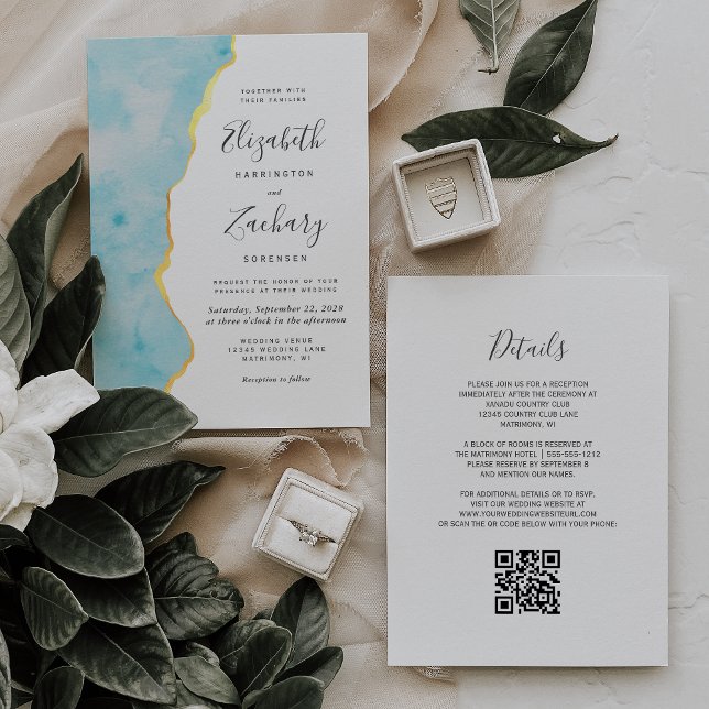 Invitación Boda Código QR de Ágata Azul Acuarela Moderna (Subido por el creador)