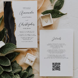 Invitación Boda Código QR de Ágata de Oro Negro