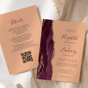 Invitación Boda Código QR de Ágata Melocotón Dorado Borgoña