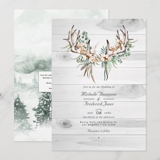 Invitación Boda Código QR de Algodón y Eucalipto Boho Rústico (Anverso / Reverso)