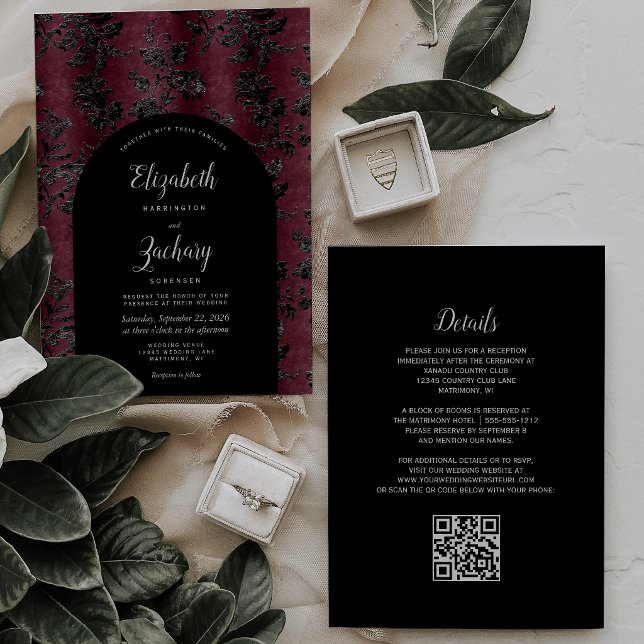 Invitación Boda Código QR de Damasco Negro Borgoña Malhumorad (Subido por el creador)