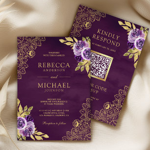 Invitación Boda Código QR de Encaje Dorado con Floral Púrpura