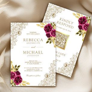 Invitación Boda Código QR de encaje floral fucsia magenta bla