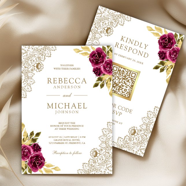 Invitación Boda Código QR de encaje floral fucsia magenta bla (Subido por el creador)