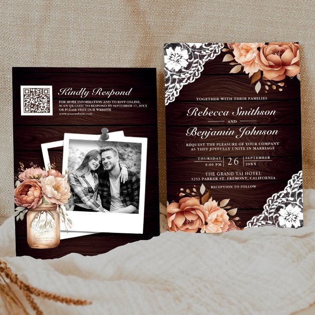 Invitación Boda Código QR de Encaje Floral Terracota de Mader (Subido por el creador)