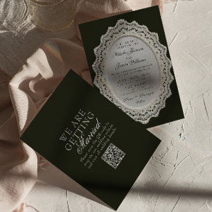 Invitación Boda Código QR de encaje vintage en blanco y negro