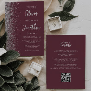 Invitación Boda Código QR de Escritura con Brillo de Plata de