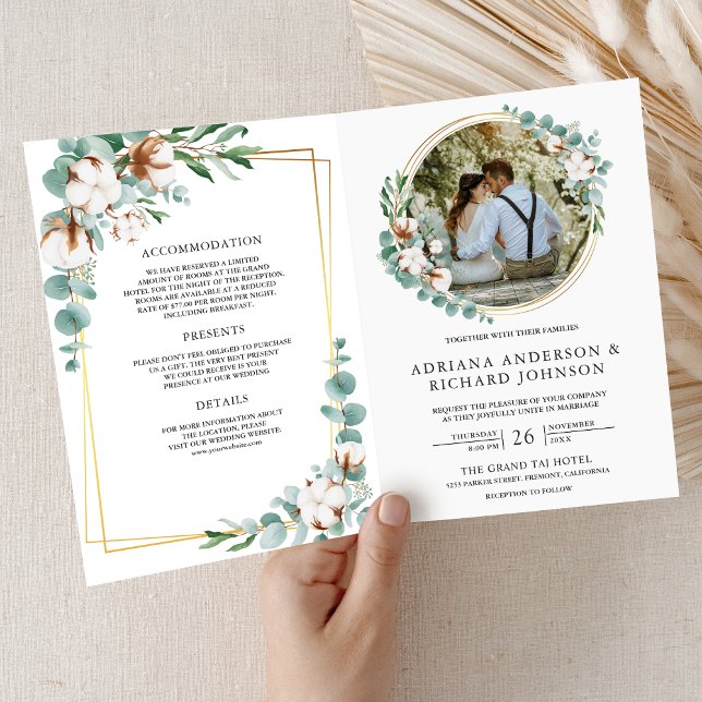 Invitación Boda Código QR de Eucalipto de Algodón Dorado Rúst (Subido por el creador)