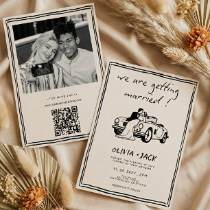 Invitación Boda Código QR de Foto Dibujada a Mano Casándose